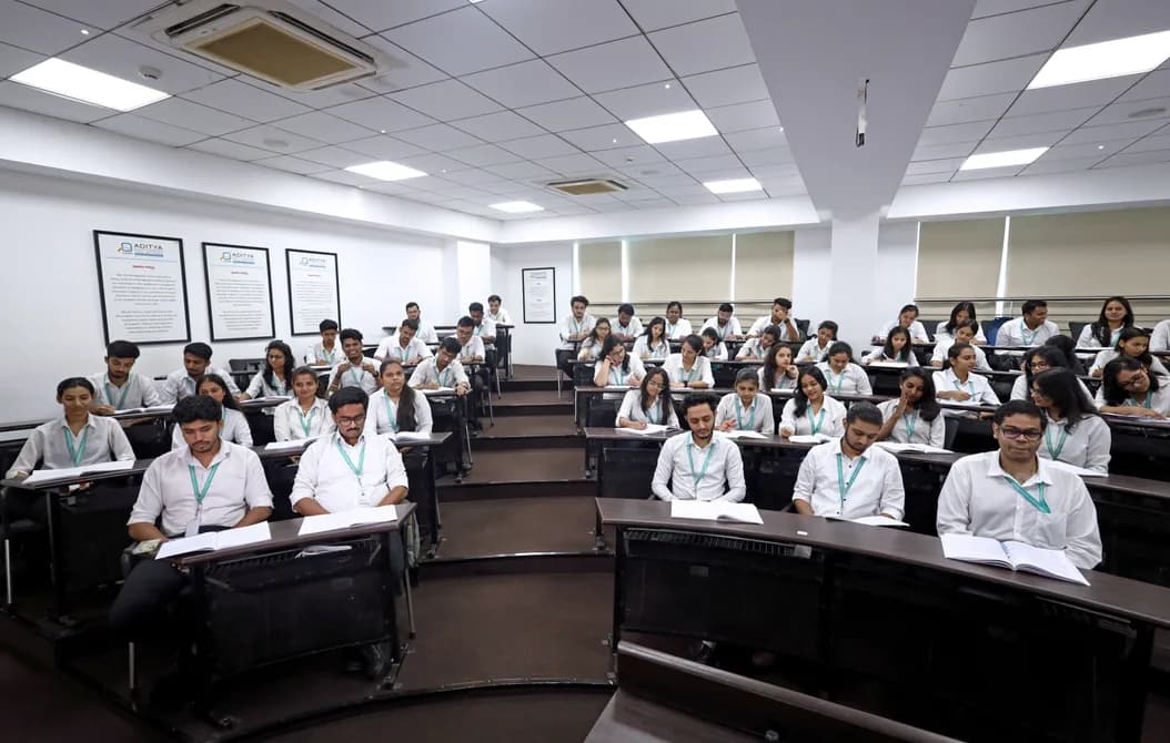 Well-lit classroom designed for management education