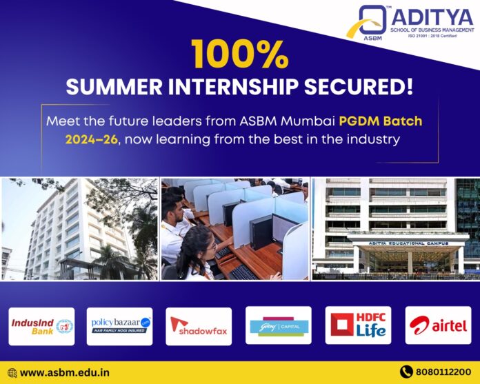 ASBM Mumbai 100% Summer Internship Secured Poster for PGDM Batch 2024-26